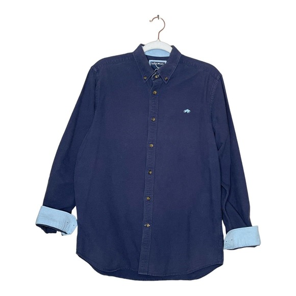 Raging Bull Medium Mens Navy Blue Cotton Long Sleeve Collared Button Up Shirt - Picture 2 of 10